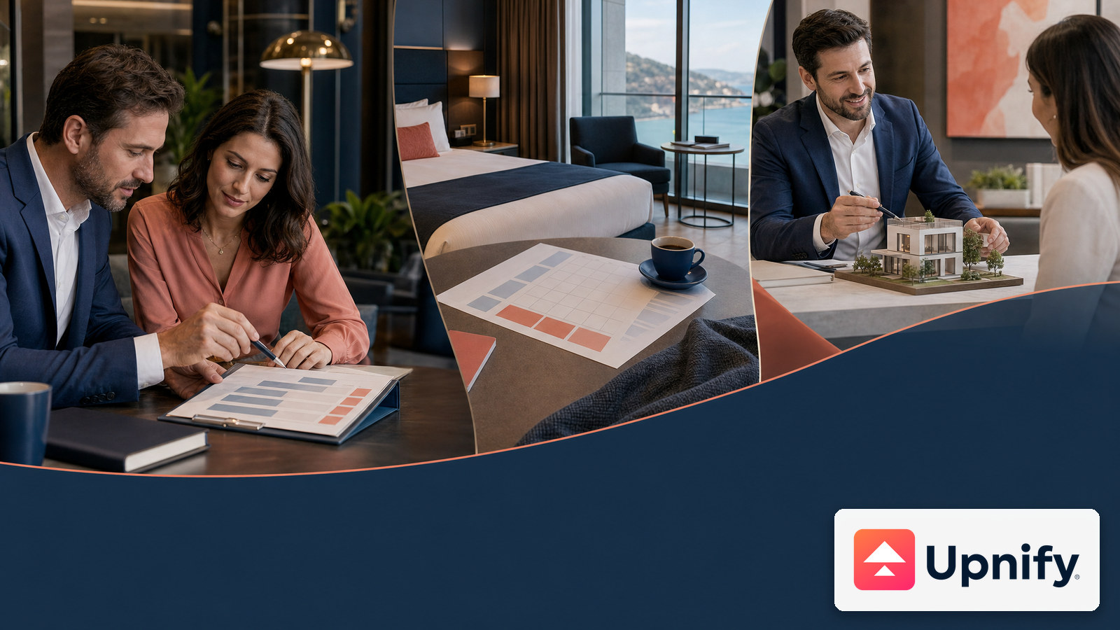 Three quote scenarios for payments, lodging, and real estate; Upnify brand mark.