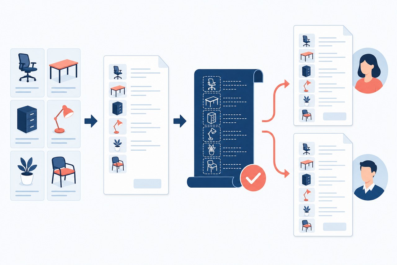 Visual flow showing one saved product combination reused in two separate quotes
