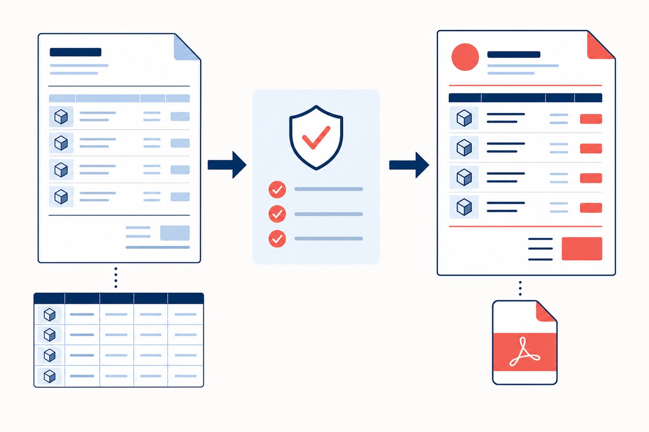 Fluxo de um formato com itens que é validado e convertido em PDF