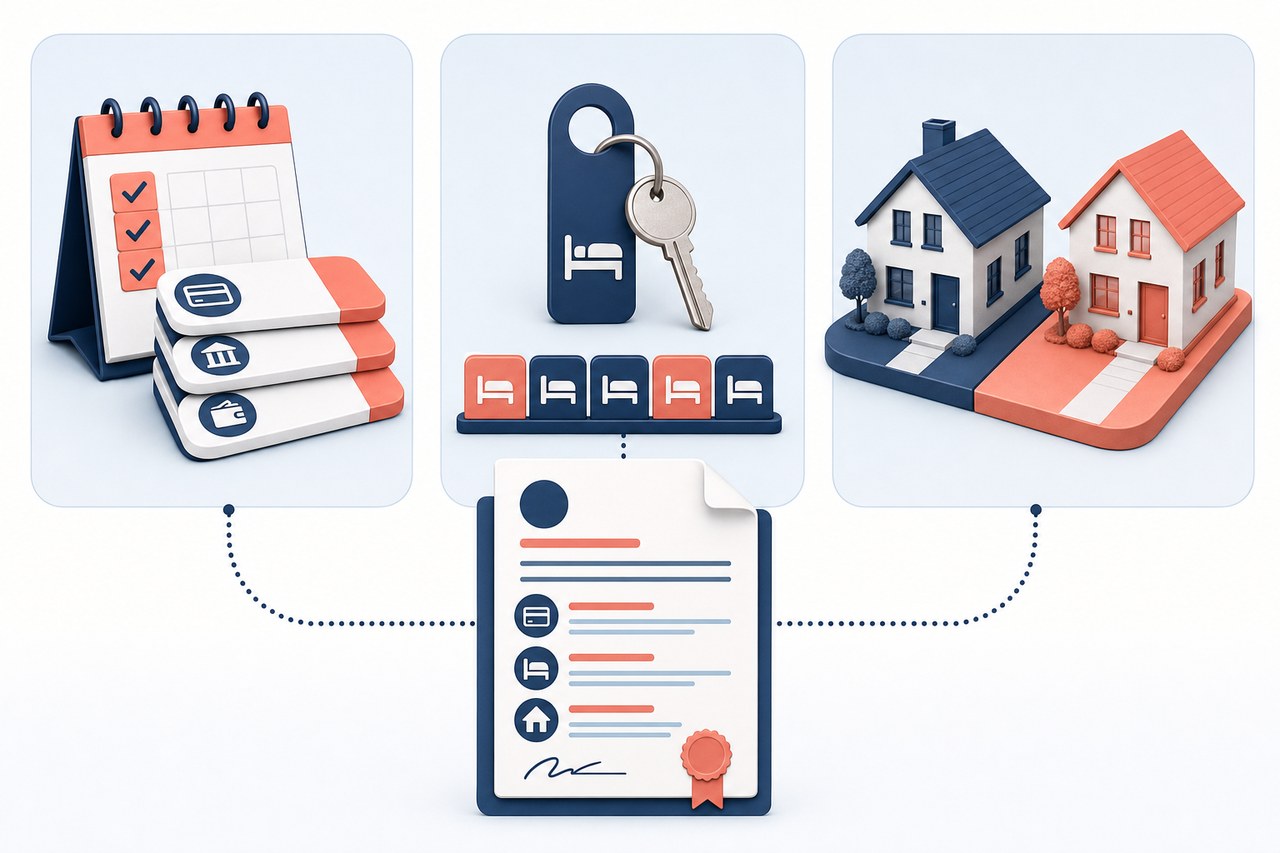 Three quote contexts: scheduled payments, lodging, and real estate properties