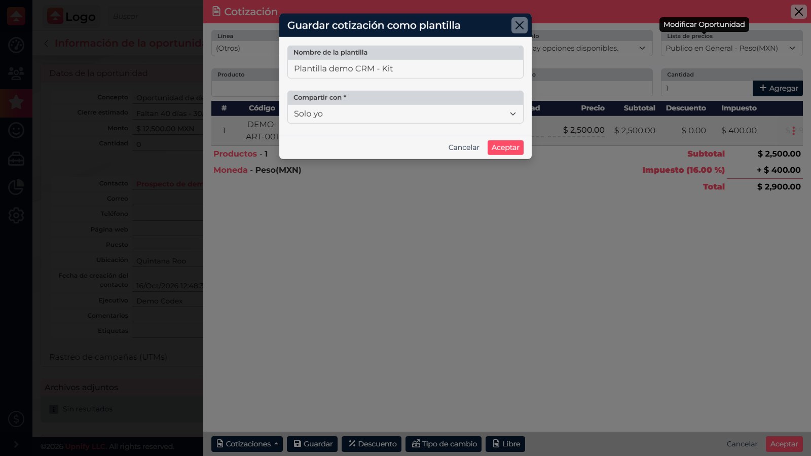 Cotação de uma oportunidade com item, imposto e total visível