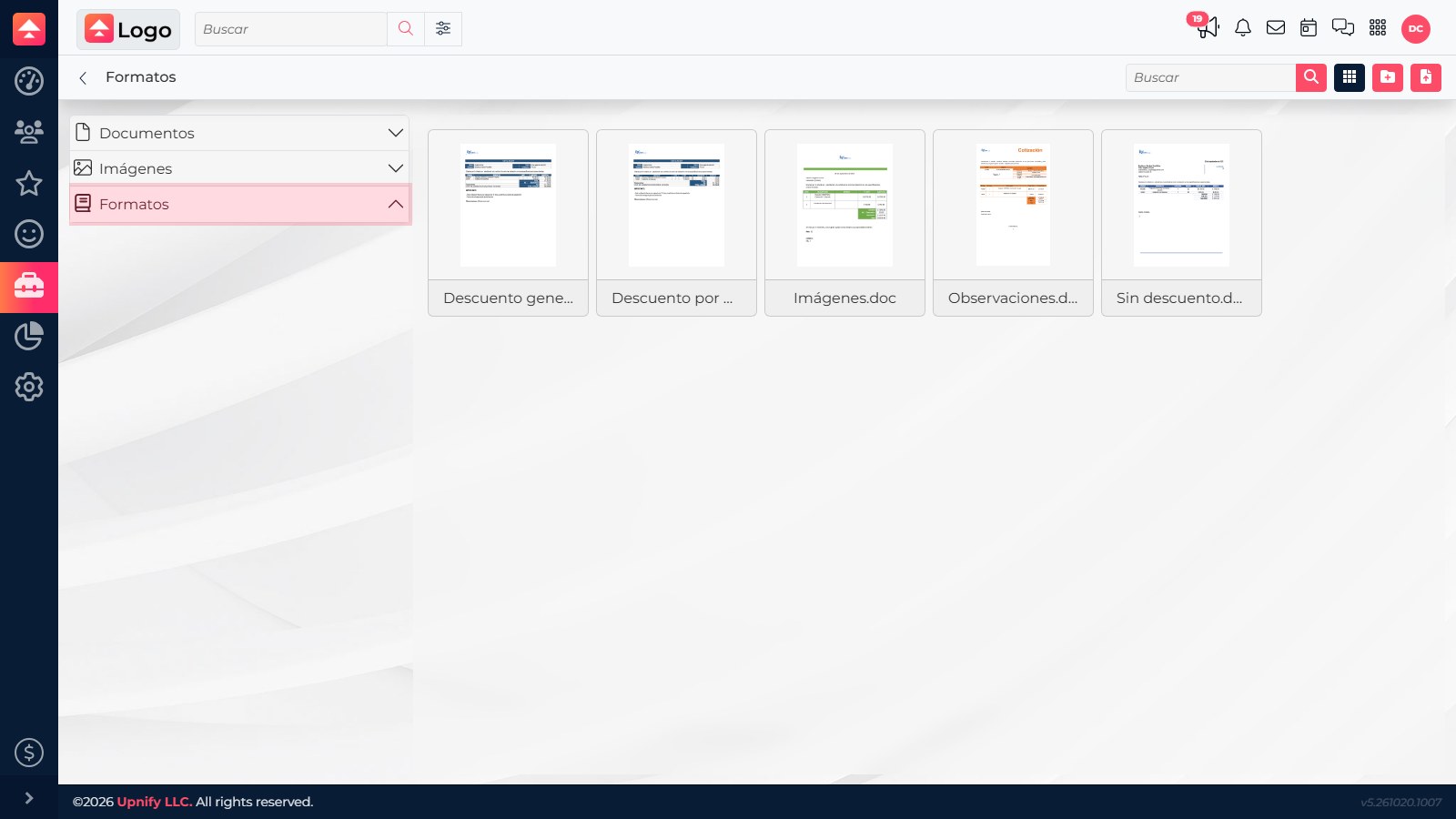 Biblioteca do CRM com as pastas Documentos, Imagens e Formatos
