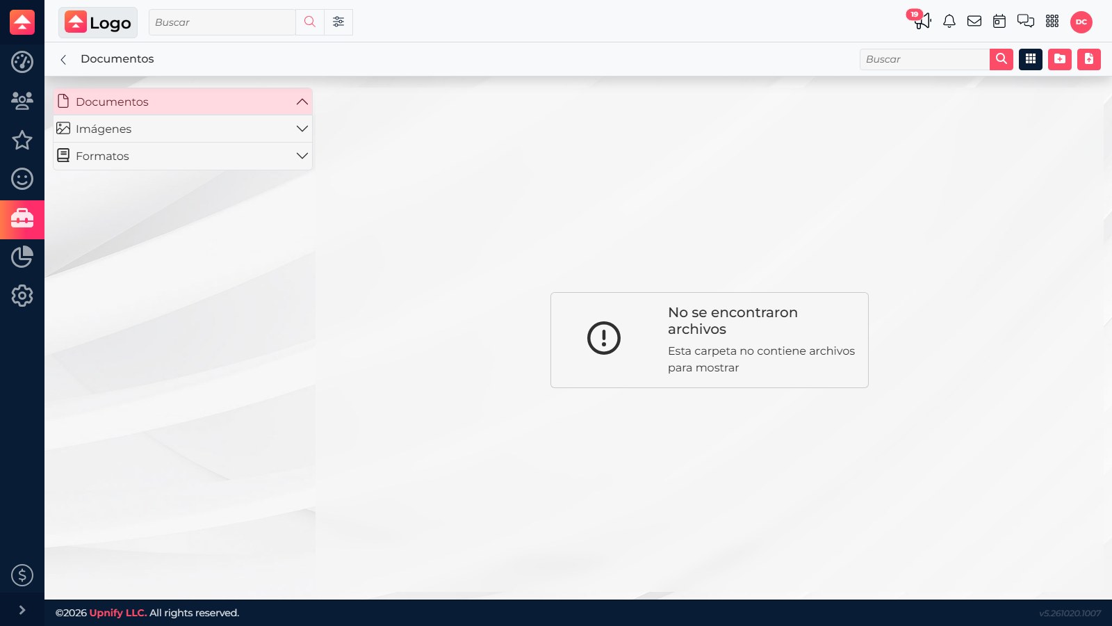 Biblioteca do CRM com as pastas Documentos, Imagens e Formatos