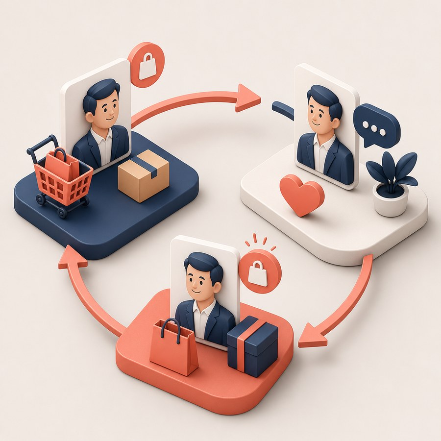 Ilustração do ciclo de compra, acompanhamento, continuidade e recompra do cliente