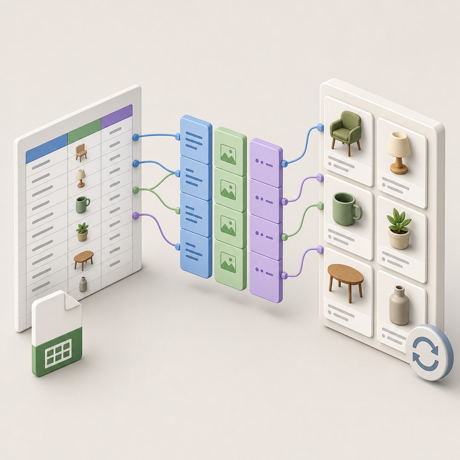 Illustration of preparing a file, mapping columns, reviewing options, and checking results