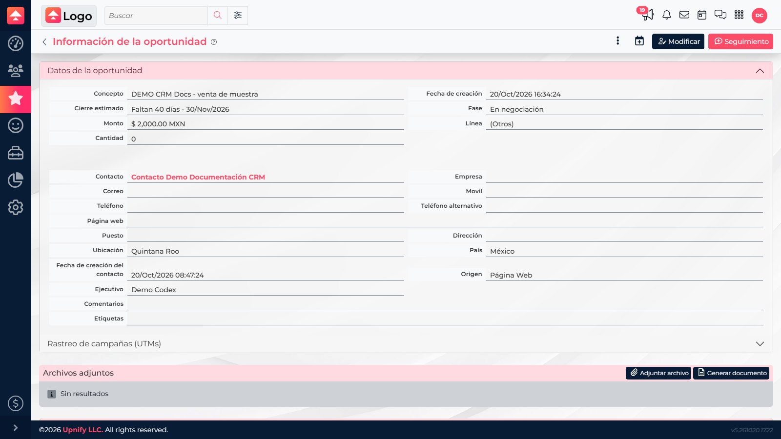 Demo opportunity with concept, amount, estimated close date, and Negotiation phase