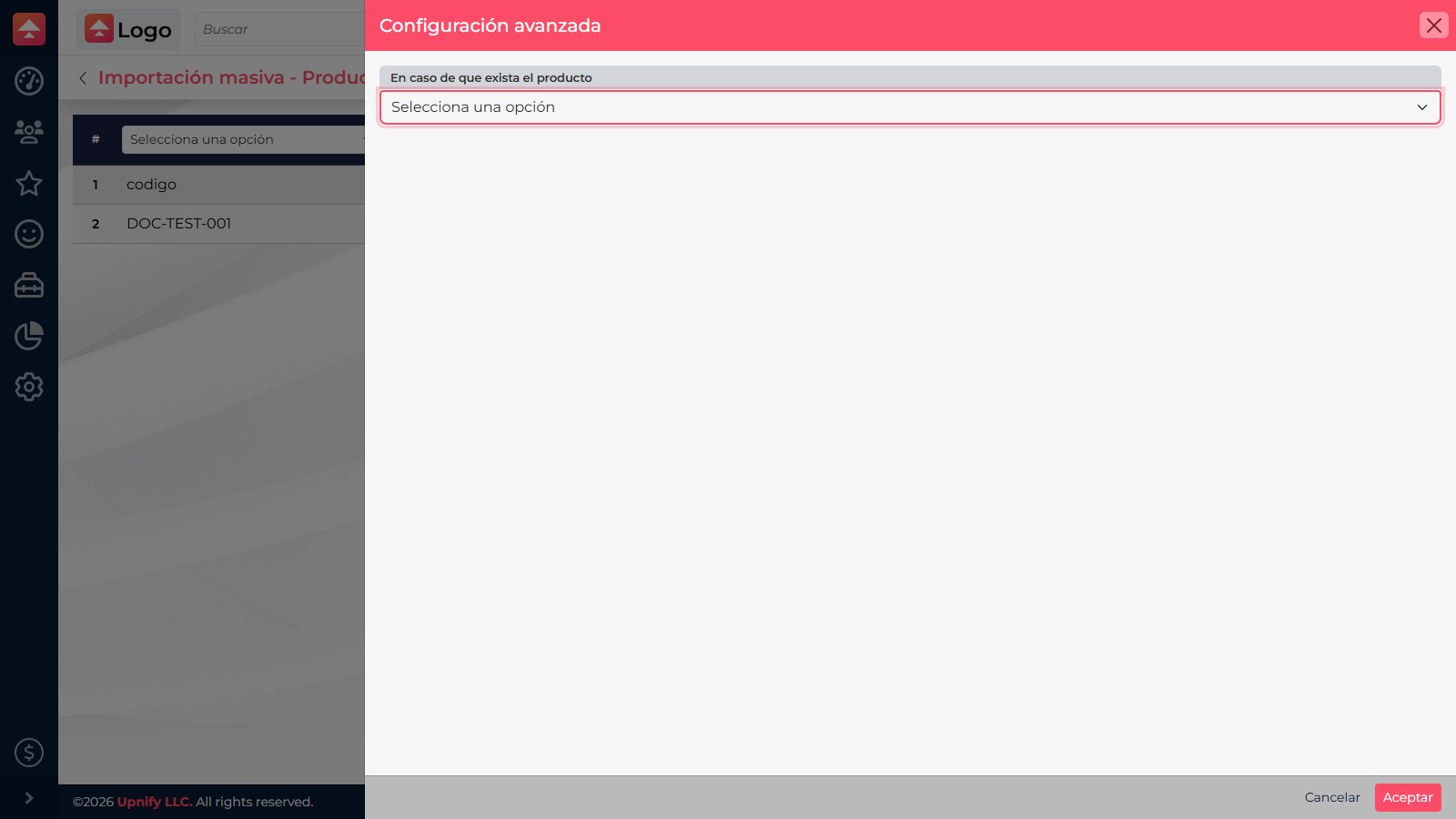Advanced settings panel for importing products