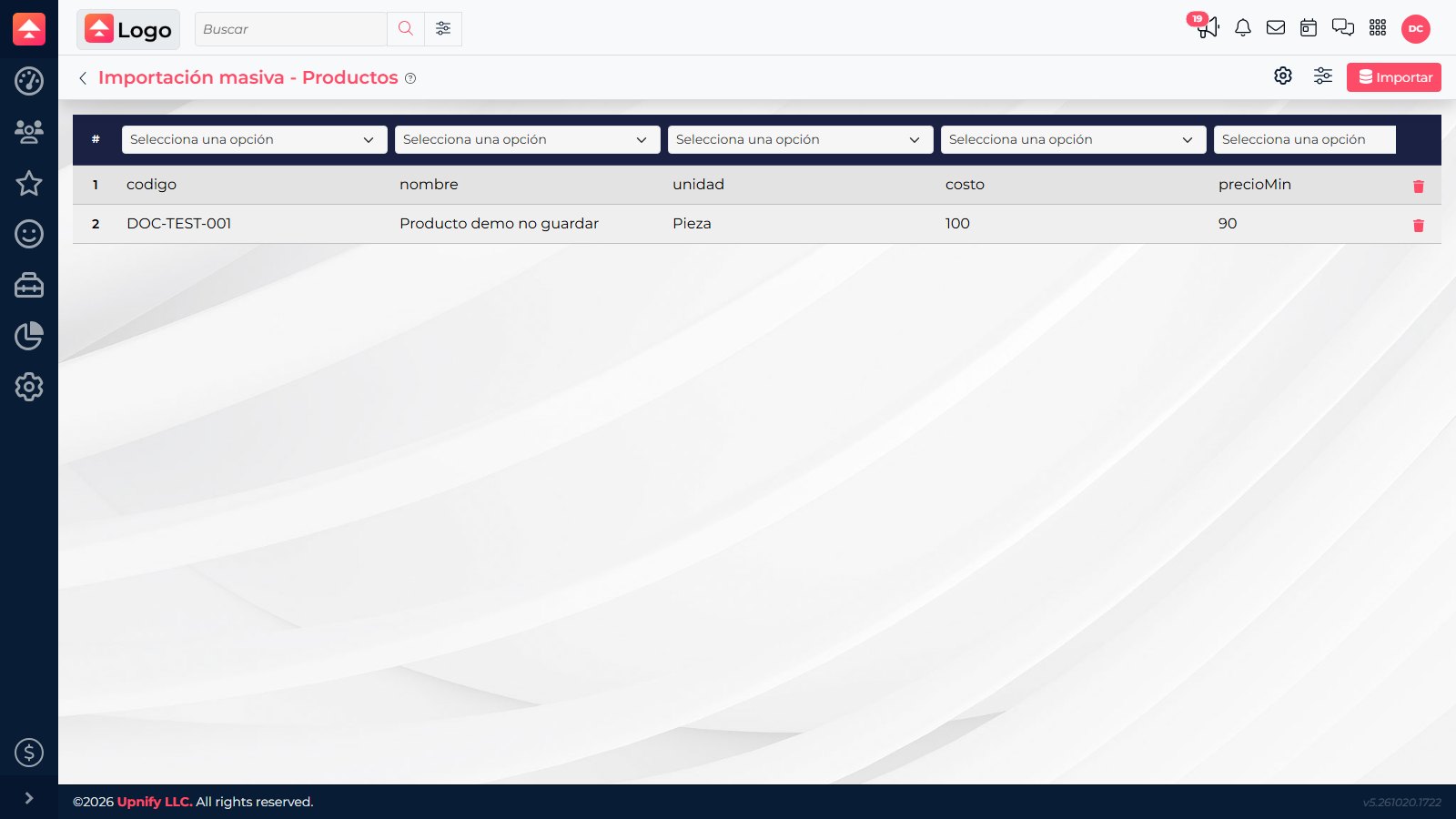 Product file mapping with code, name, unit, cost, and minimum price