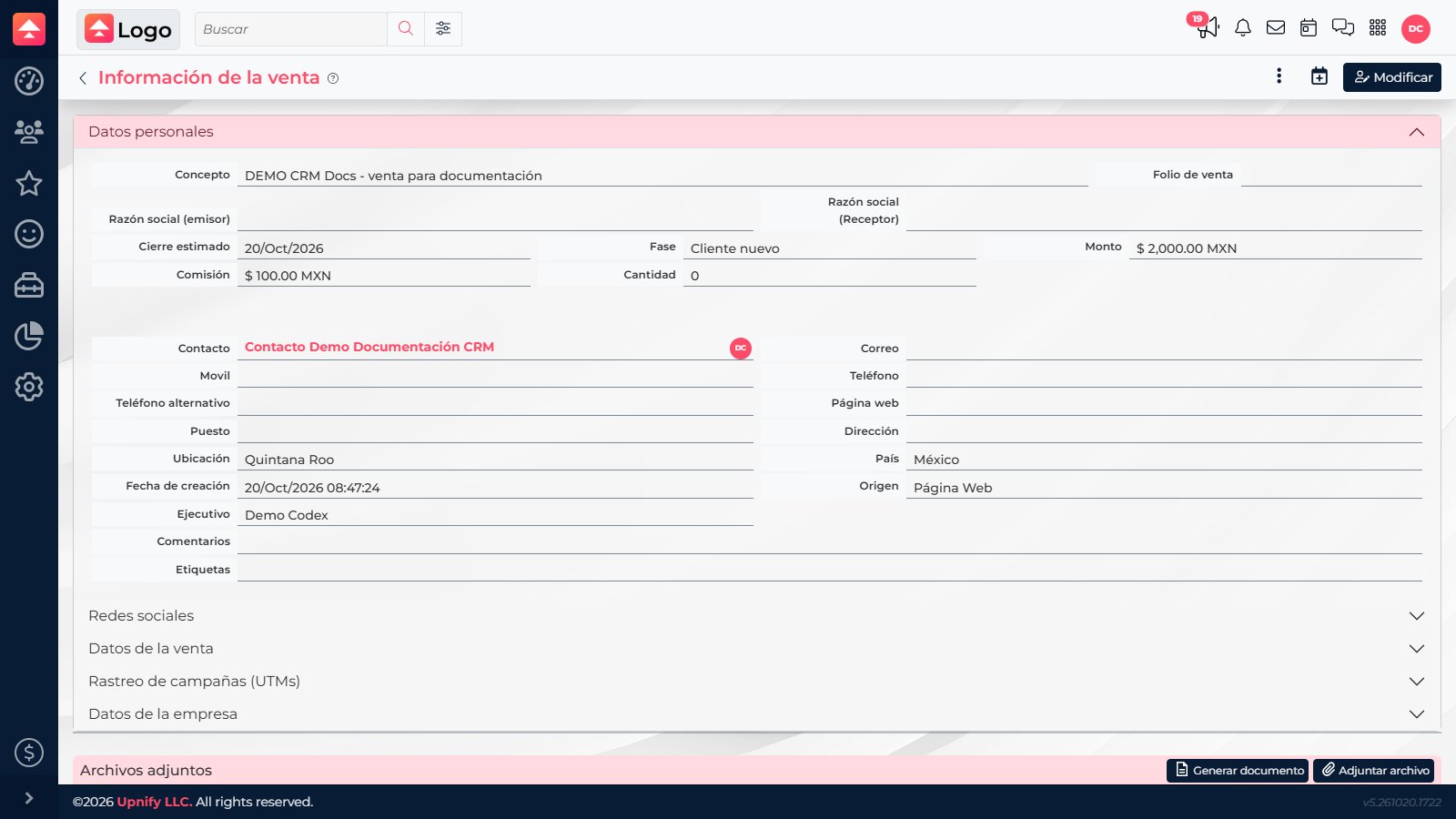 Demo sale details showing amount and commission