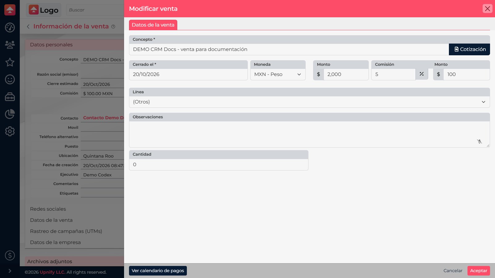 Edit sale form with date, currency, amount, commission, and Quote fields