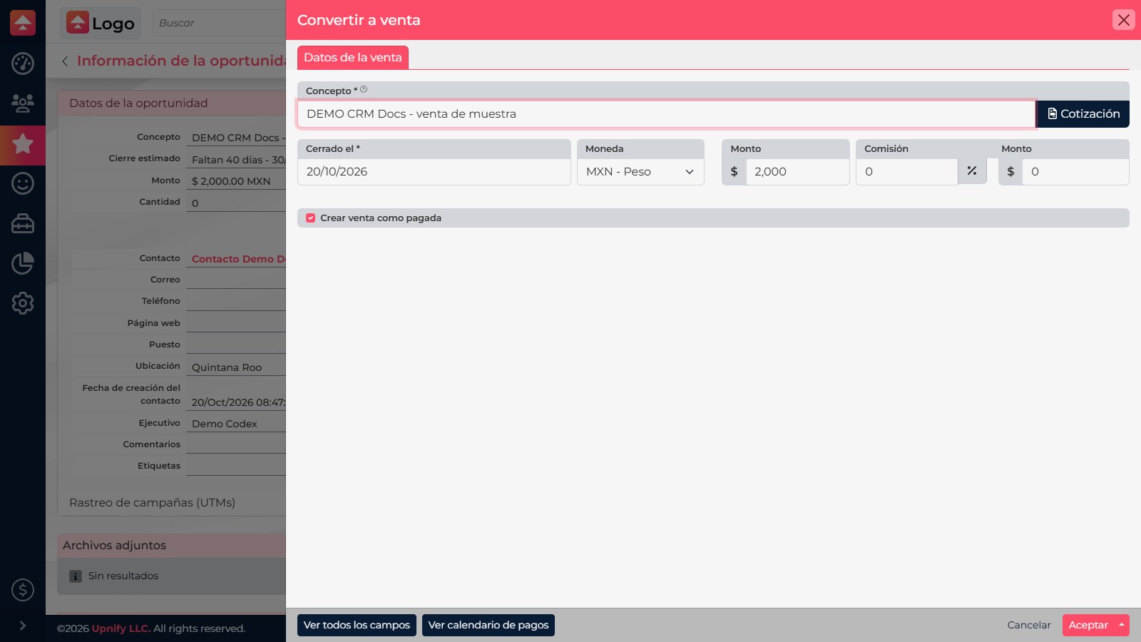 Convert to Sale form opened from an opportunity