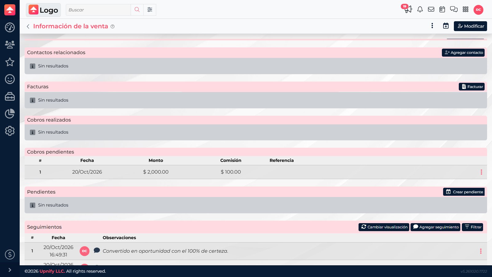 Sale details with Completed collections and Pending collections sections