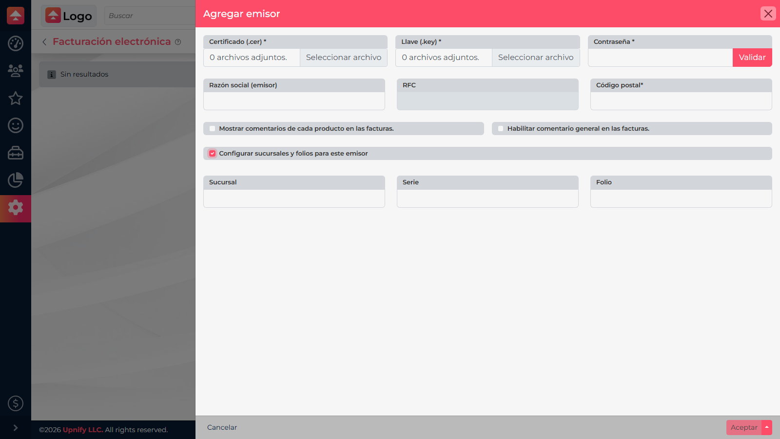 Real invoicing form showing the branch, series, and number fields