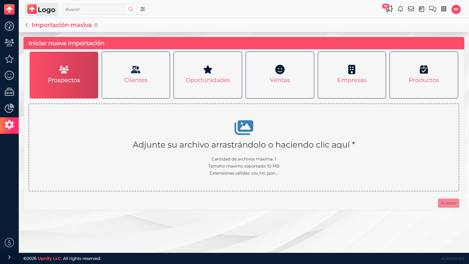 Real import selector showing the available record types