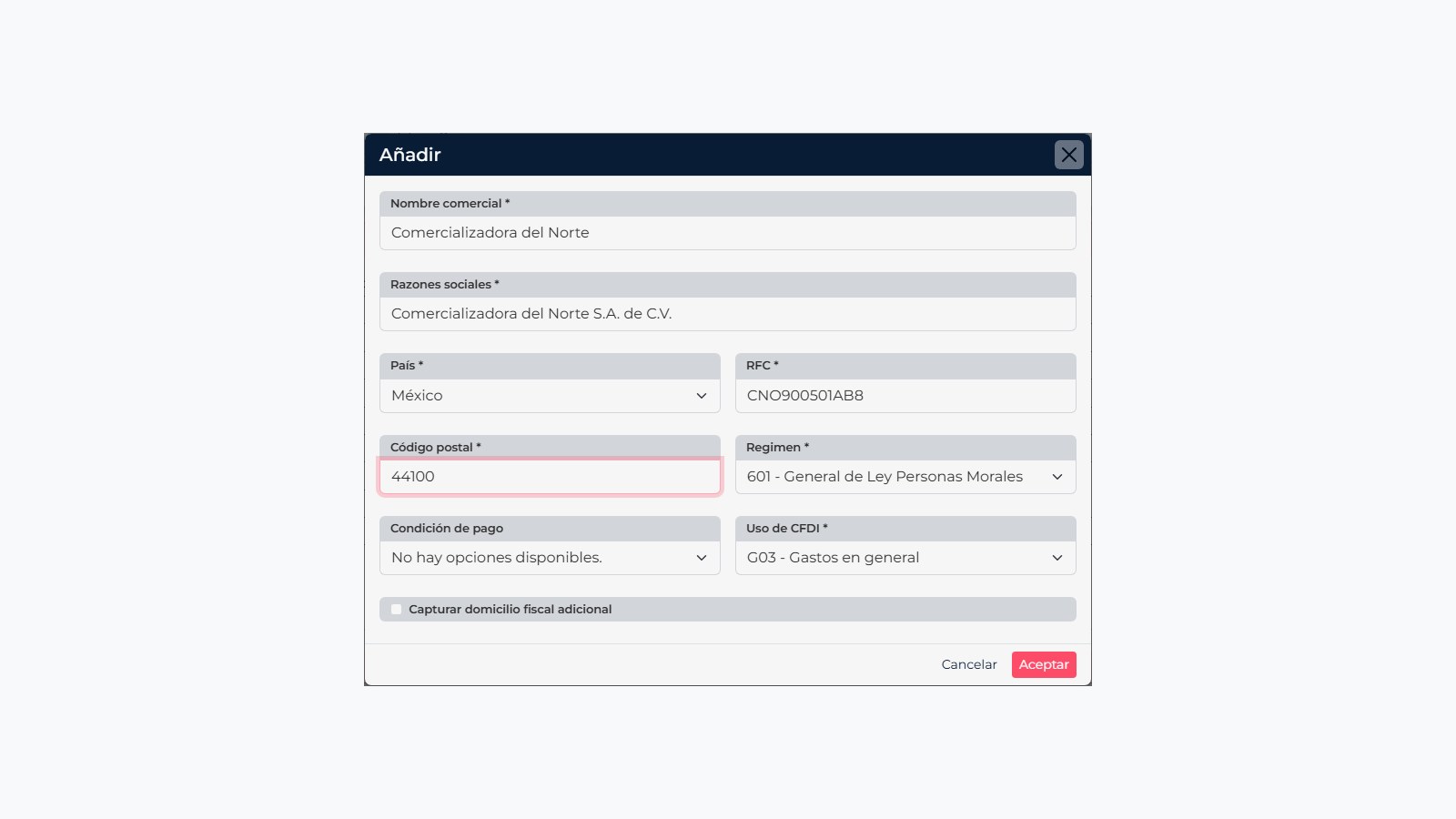 CRM form for entering a legal entity, RFC, postal code, tax regime, and CFDI use
