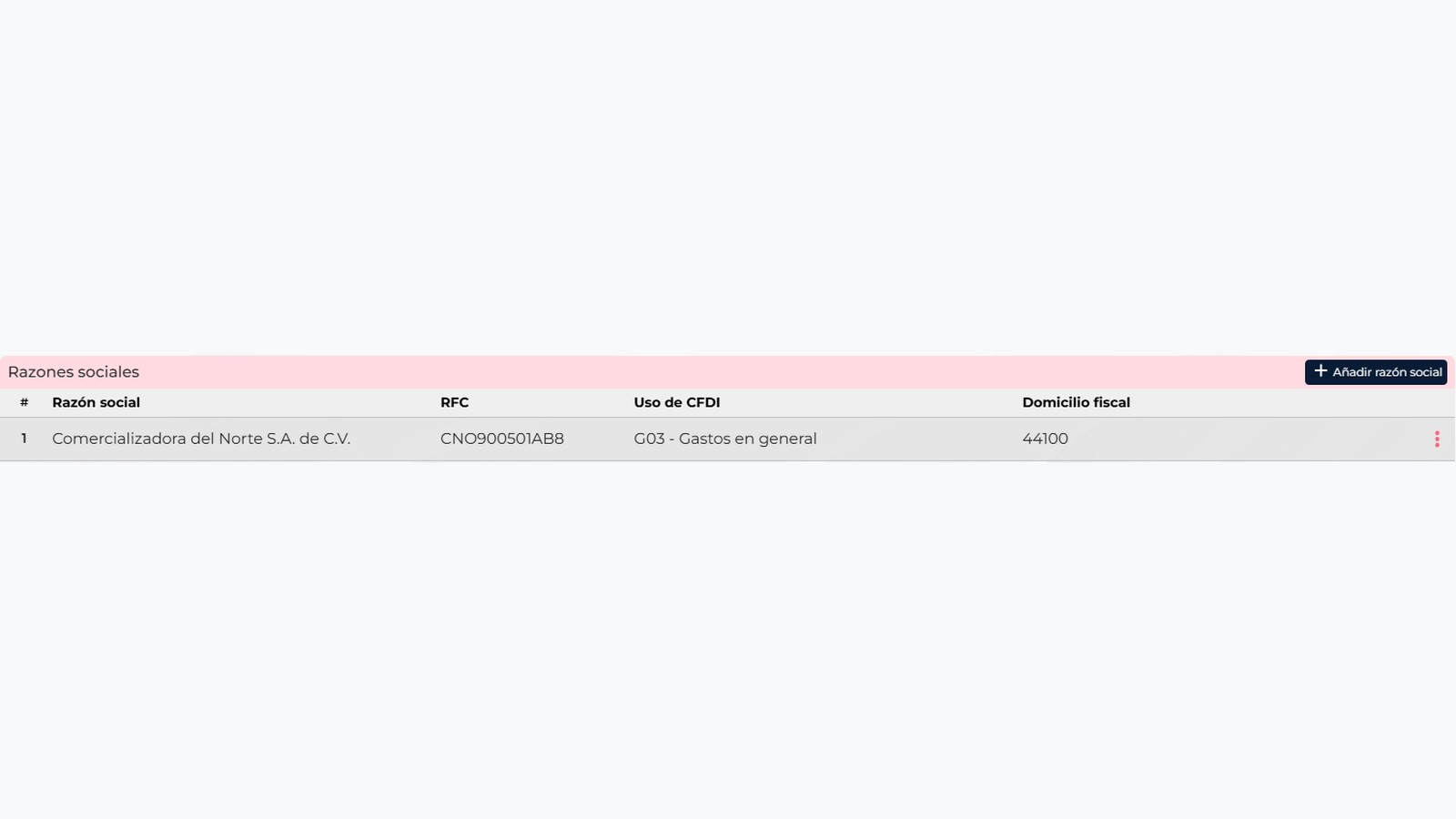 Sample legal entity saved in the CRM table