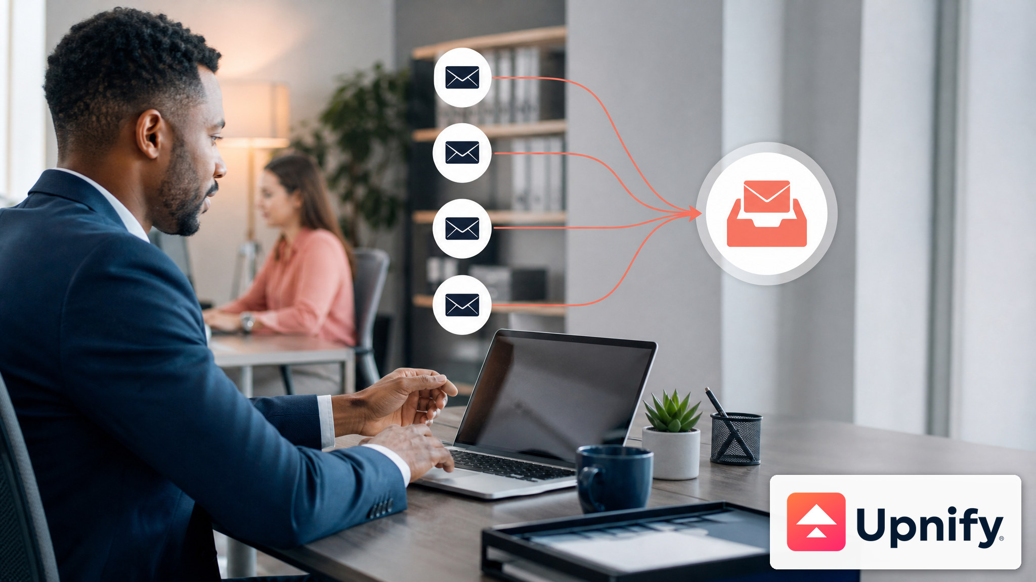 Several email accounts converge into a CRM inbox organized by contact type