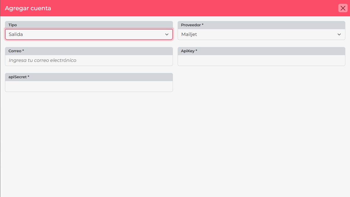 CRM form with Mailjet selected and blank email, ApiKey, and apiSecret fields