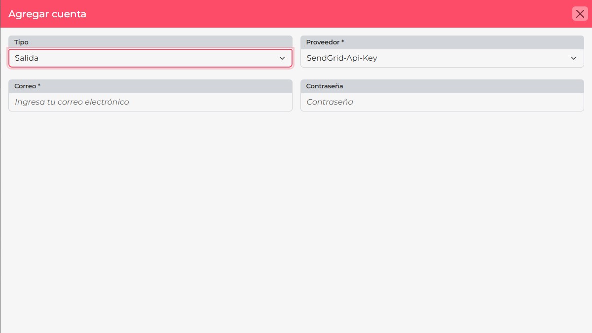 Current CRM form with SendGrid-Api-Key selected and blank E-mail and Password fields