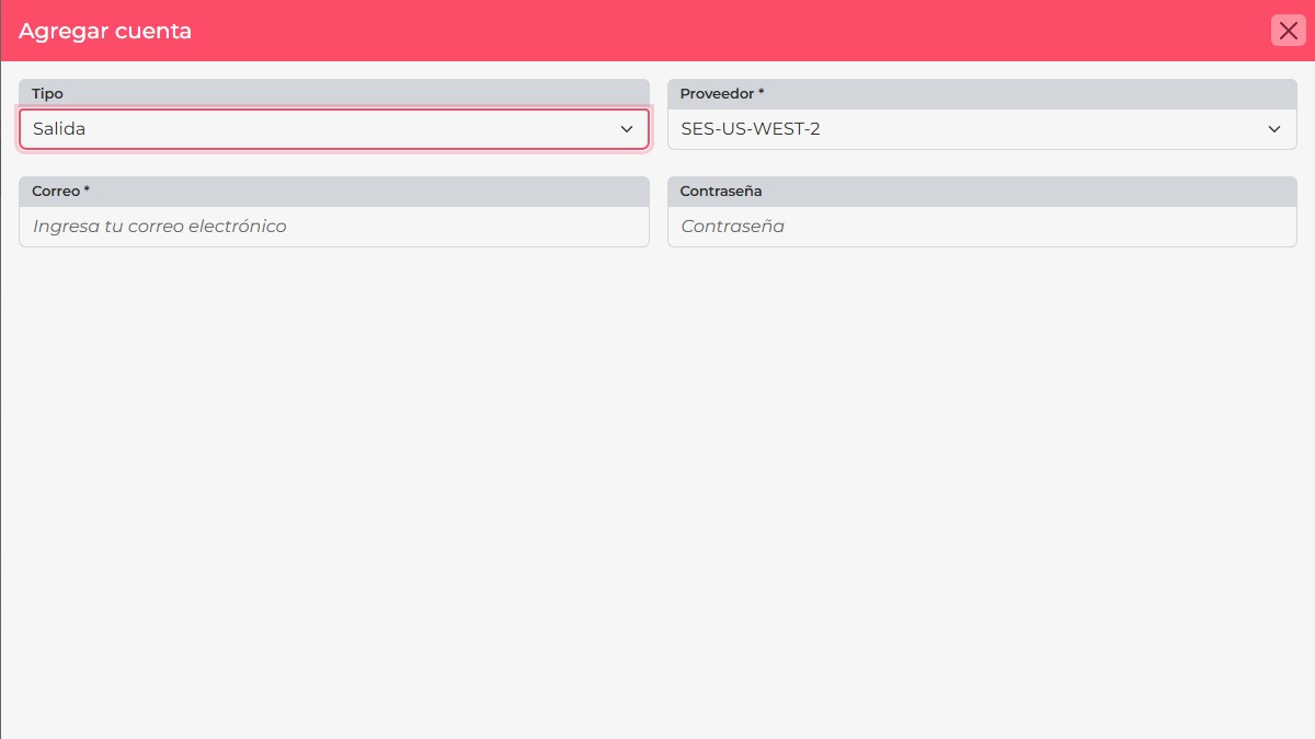 CRM email account form with Output and SES-US-WEST-2 selected