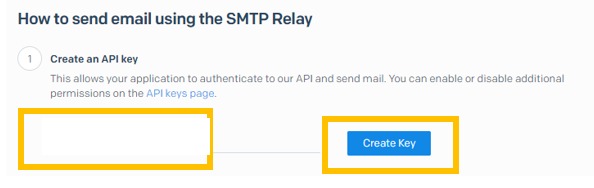 Legacy SendGrid screen for creating an API key, with the key name hidden and the Create Key button visible