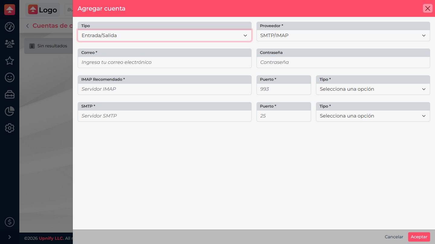 Real CRM form for adding an email account and configuring incoming and outgoing access