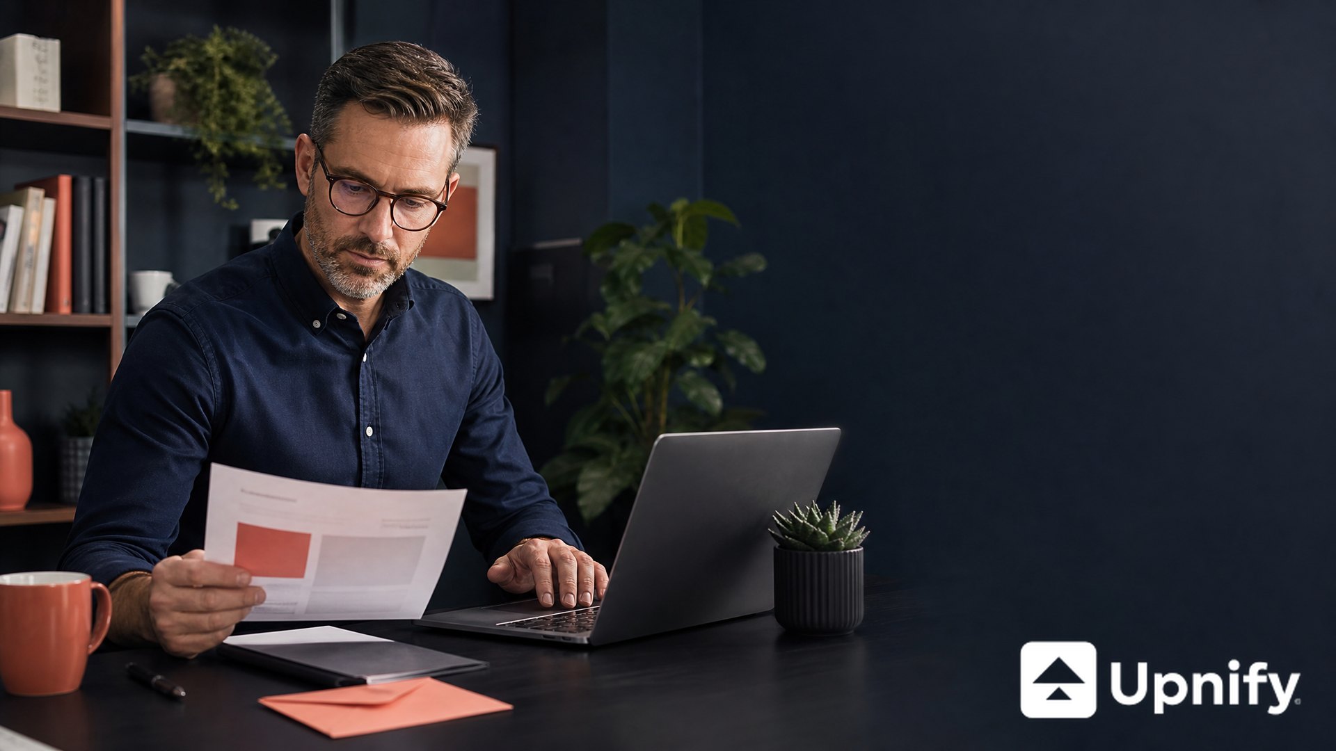 Professional preparing a follow-up email connected to a contact history.