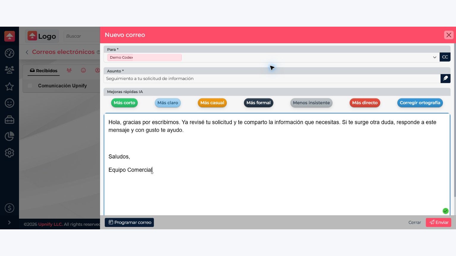 CRM email composer with message fields and writing area