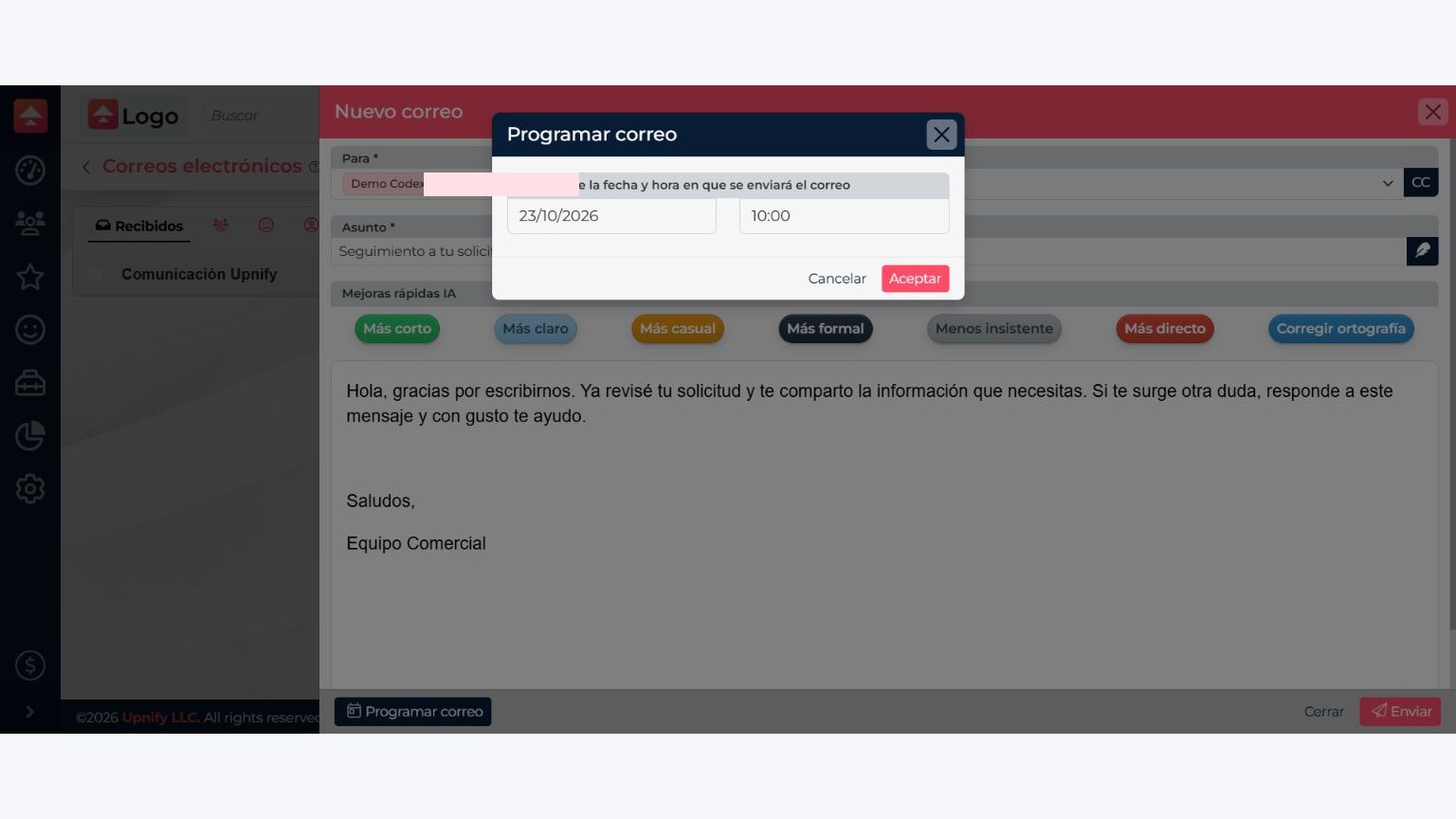 Ventana de CRM para programar un correo con fecha y hora futuras