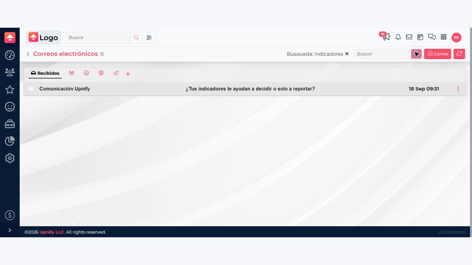 Tela Meu e-mail do CRM com uma mensagem filtrada e as abas da caixa de entrada