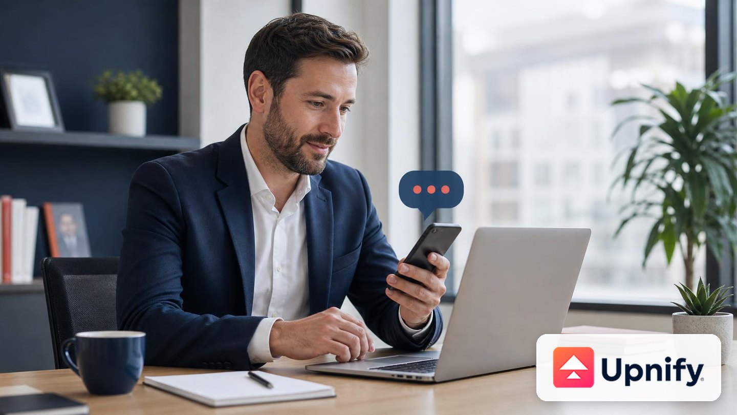 Sales professional preparing a short follow-up message for a contact on a phone.