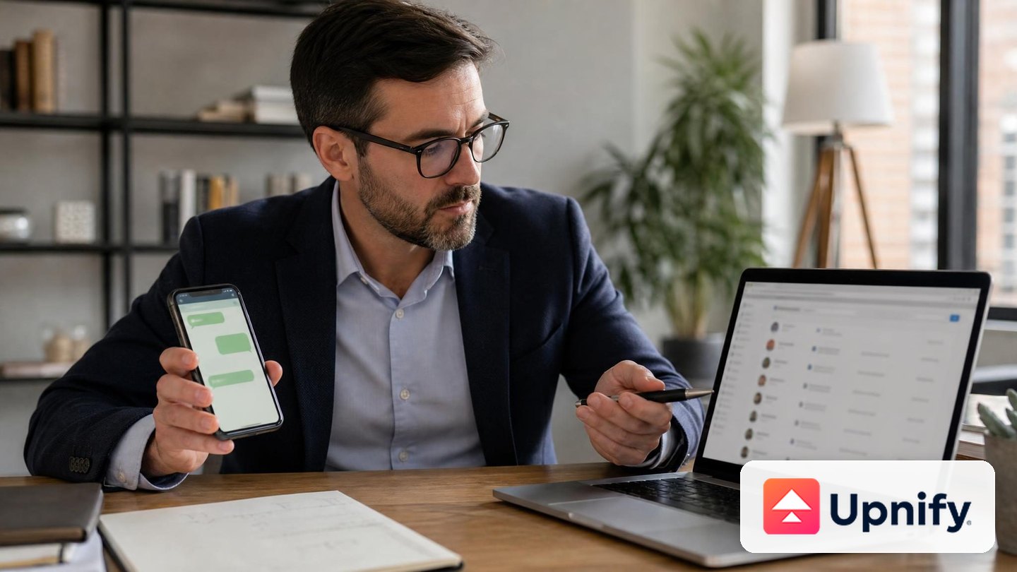 Profissional que coordena uma mensagem de WhatsApp com o histórico do contato no CRM.