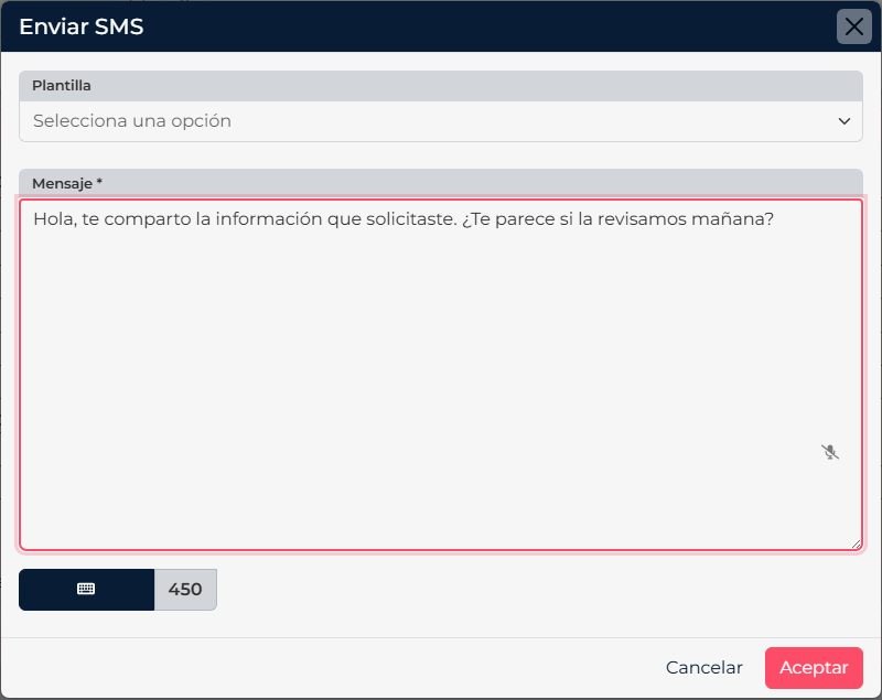 CRM form for sending an SMS to a contact, with the message and character counter visible.