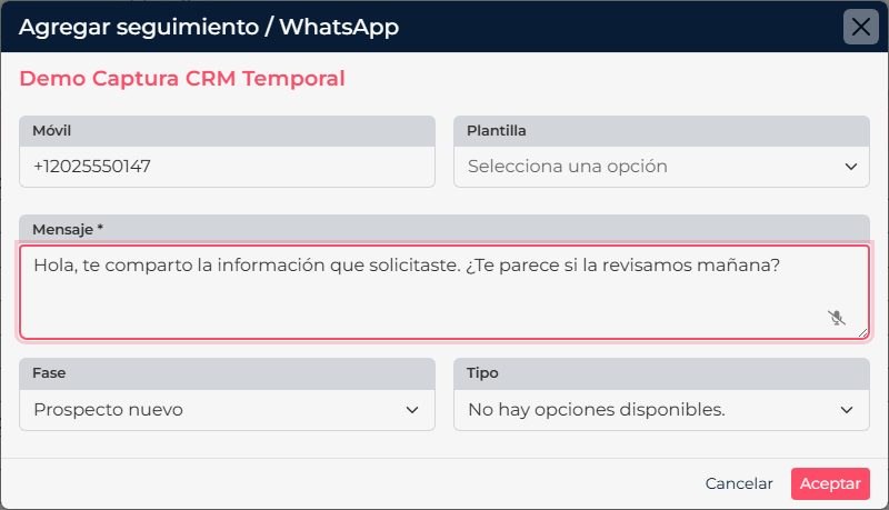 CRM WhatsApp follow-up form showing the number, template field, and message.