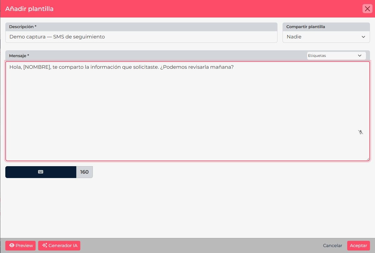 CRM SMS template with the tag selector and a name token inserted in the message.