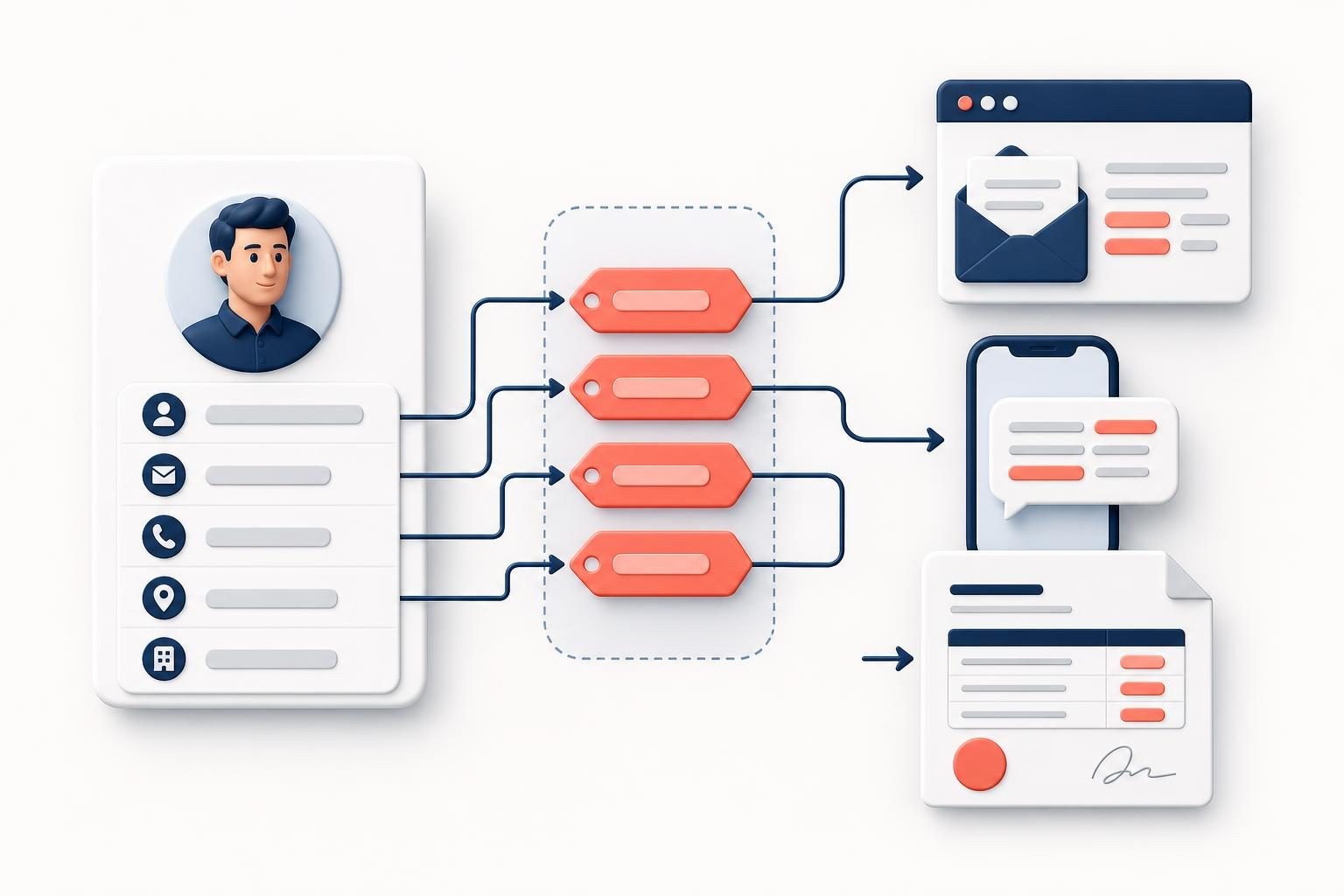Illustration of contact data reused in a message, record, and document.
