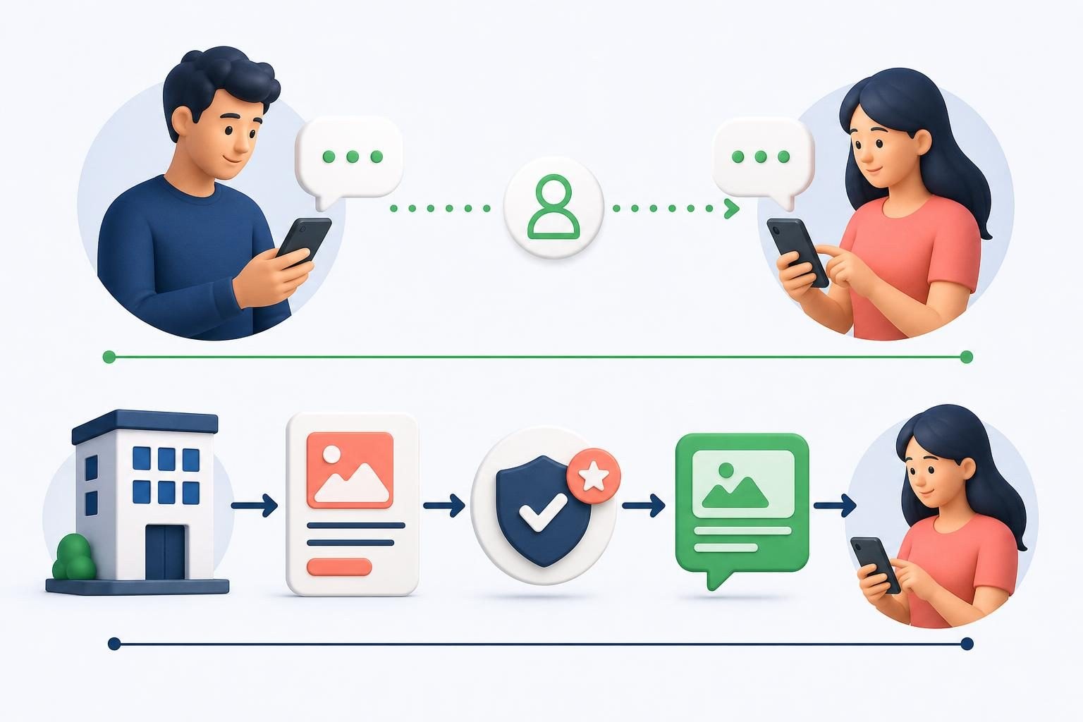 Illustration of two separate flows: preparing a message from CRM and managing an official WhatsApp Business channel.
