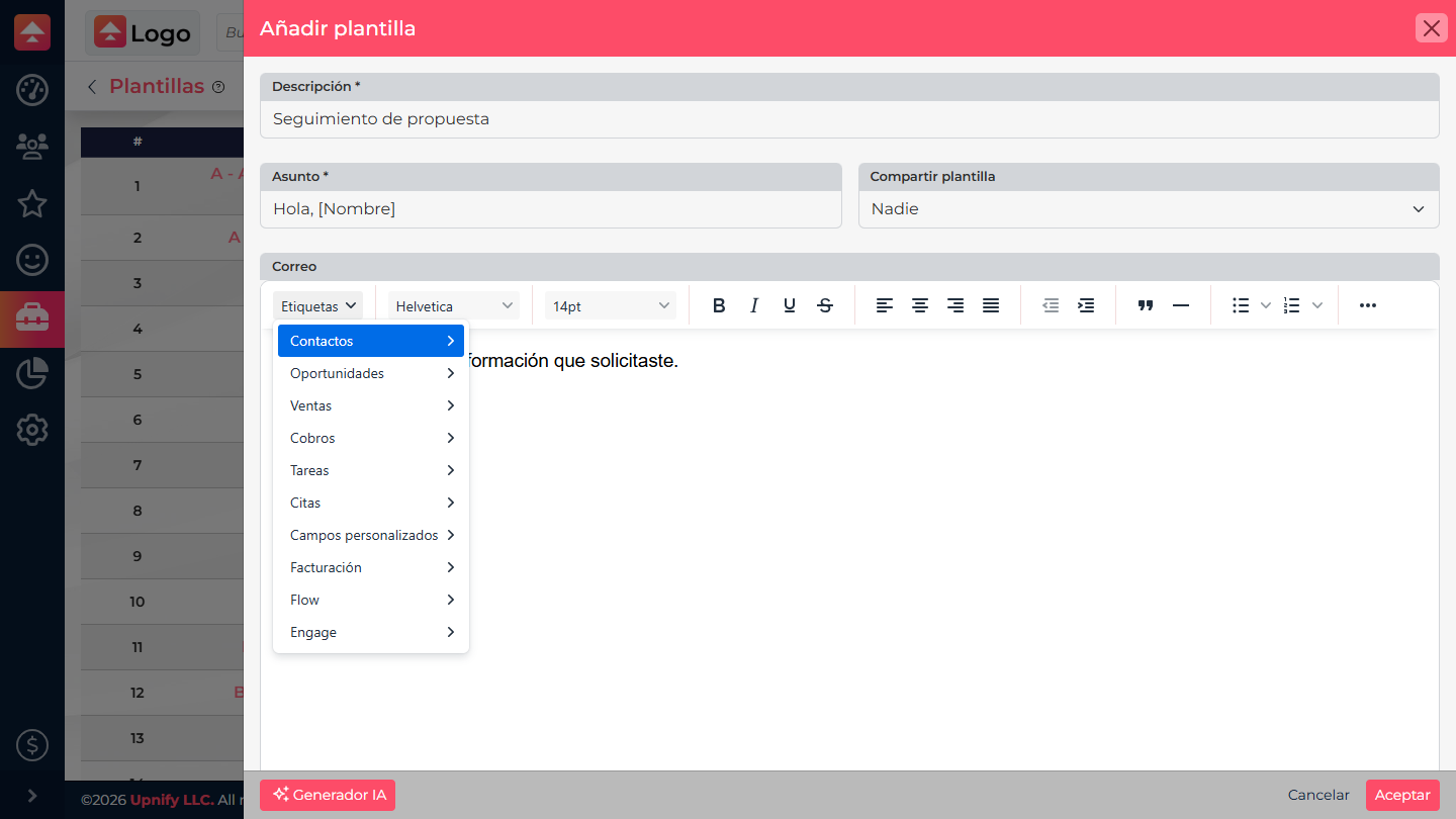 Email editor with the Tags menu open to choose contact, opportunity, and custom fields.