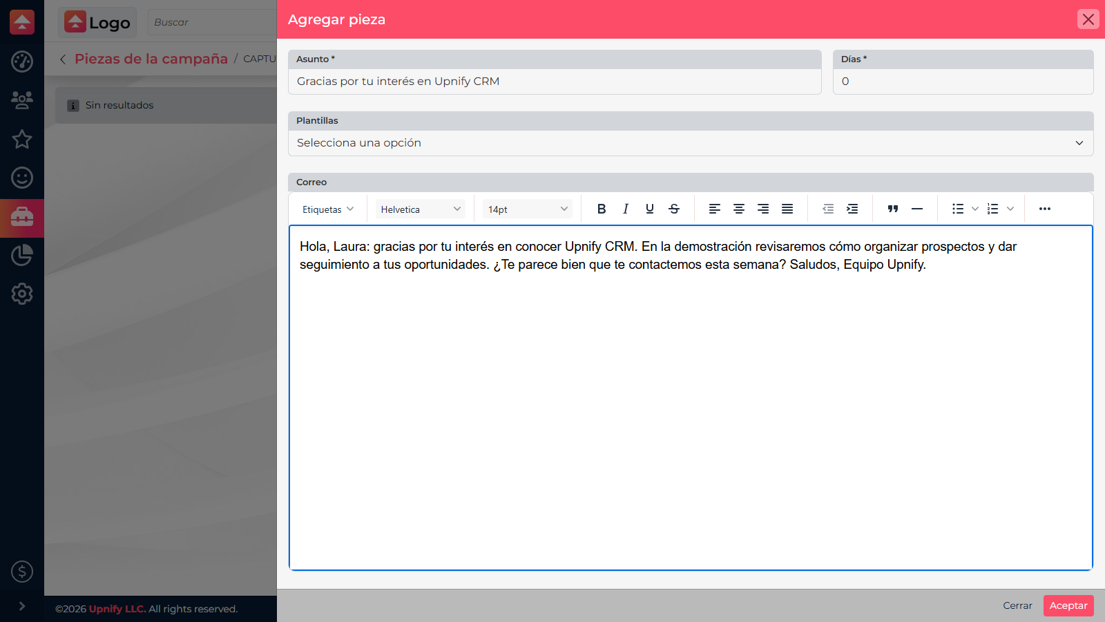 Email piece form with a subject, wait days, and message content.