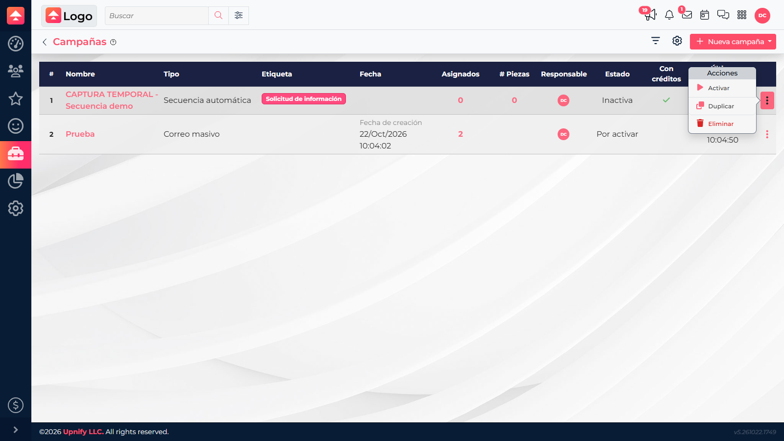 Action menu for an inactive sequence showing the Activate option.