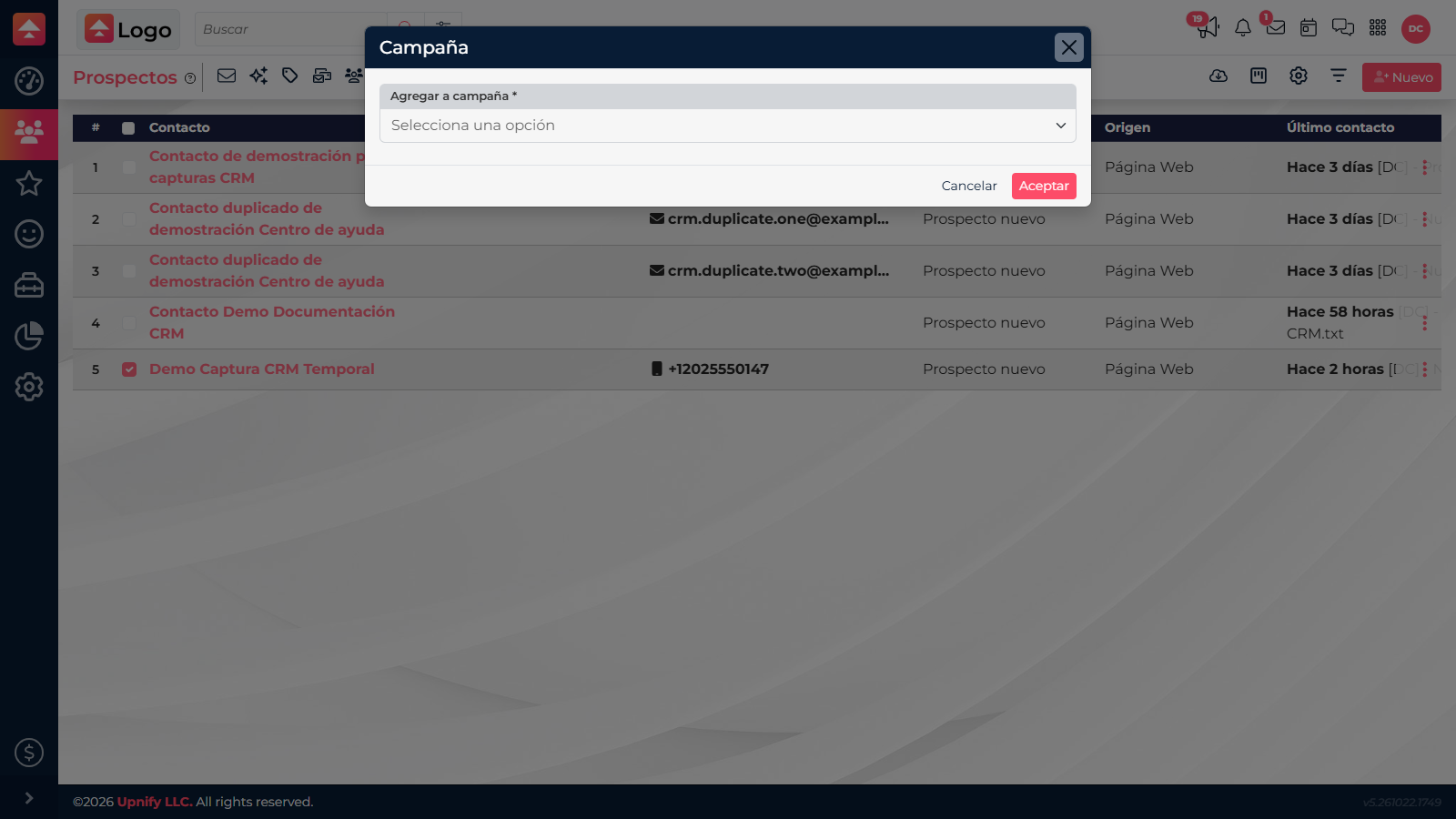 A selected prospect in the list with the Add to campaign dialog open.