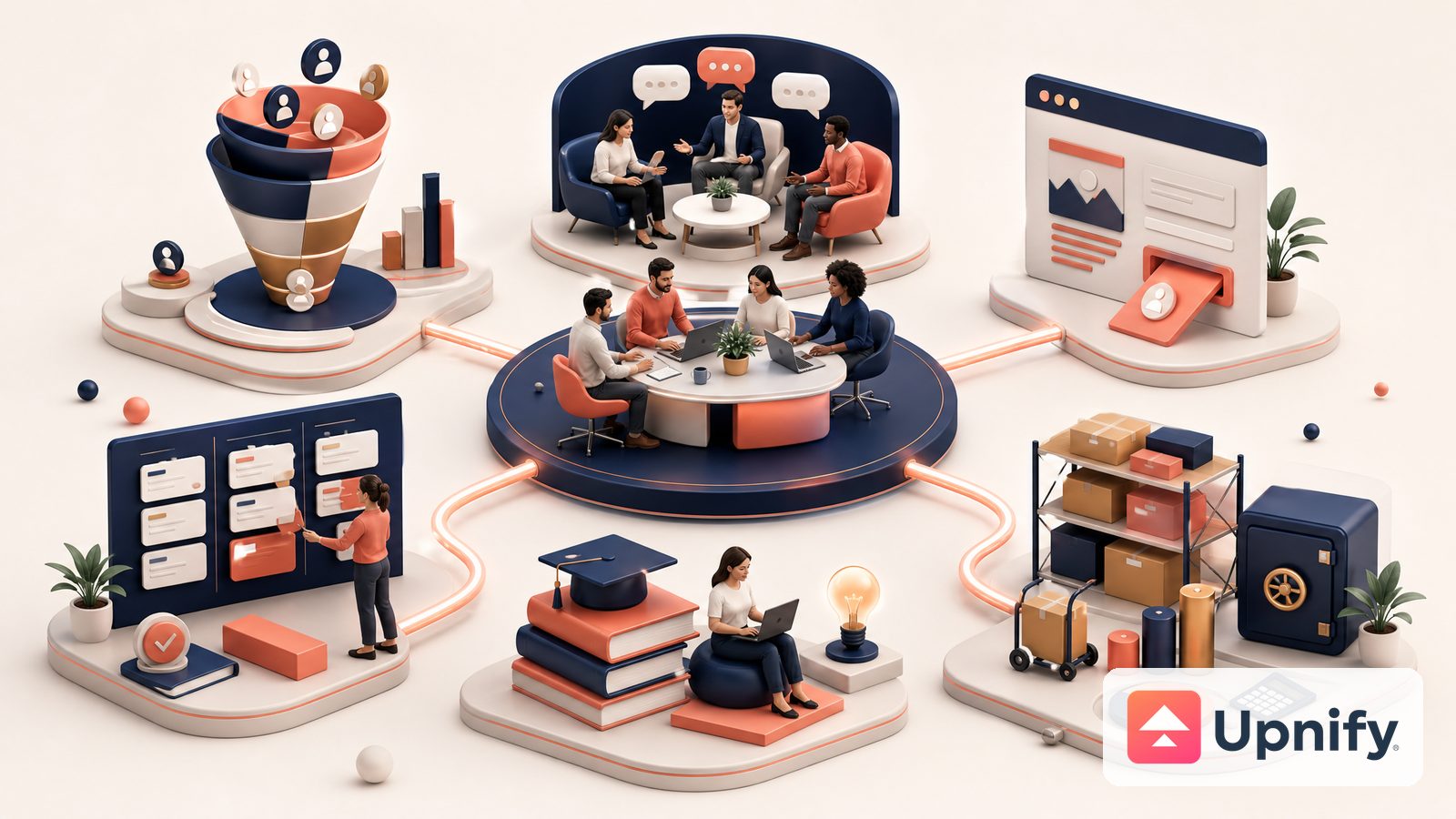 Ilustração conceitual de aplicativos conectados para vendas, comunicação, marketing e operações