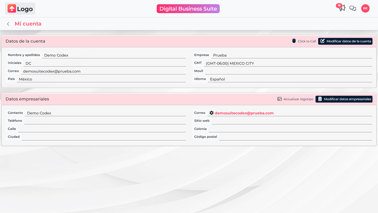 My account page with profile information and the Modify account data option