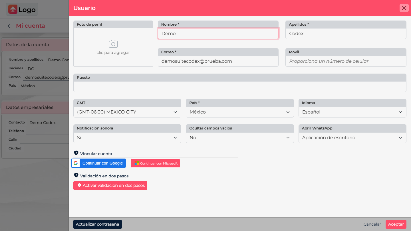Profile form with country, time zone, language, and notification preferences