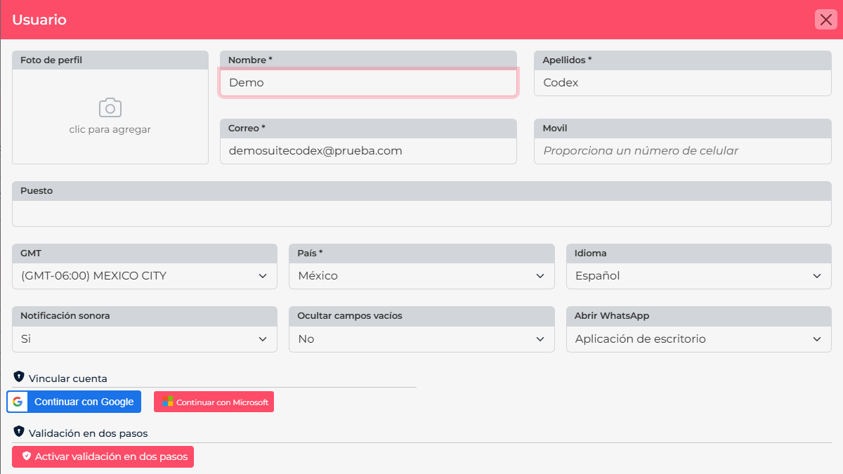 User details with controls to link Google or Microsoft and turn on two-step verification
