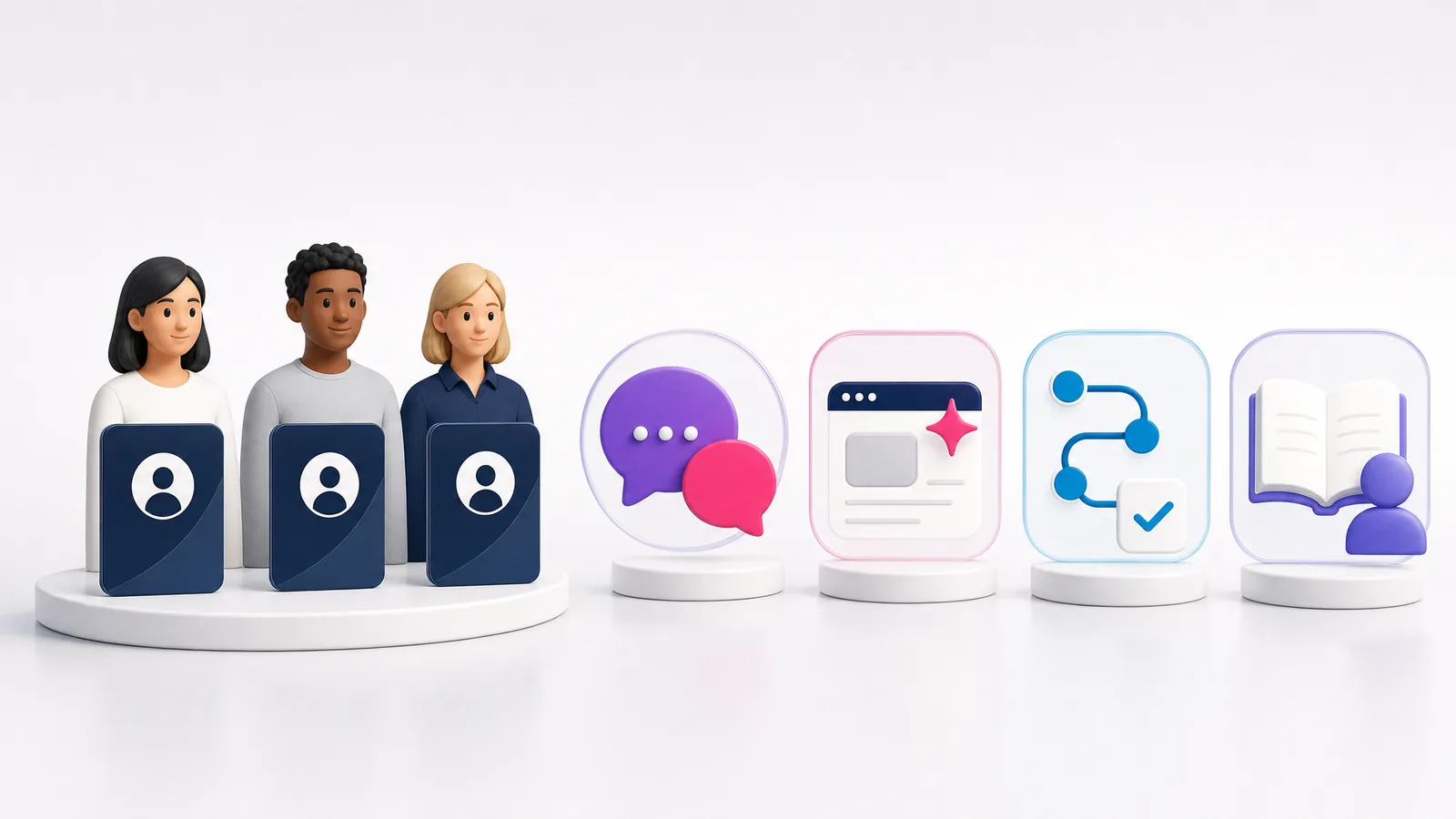 Ilustração de licenças por usuário e créditos para conversas, ativações, tarefas e atribuições de cursos.
