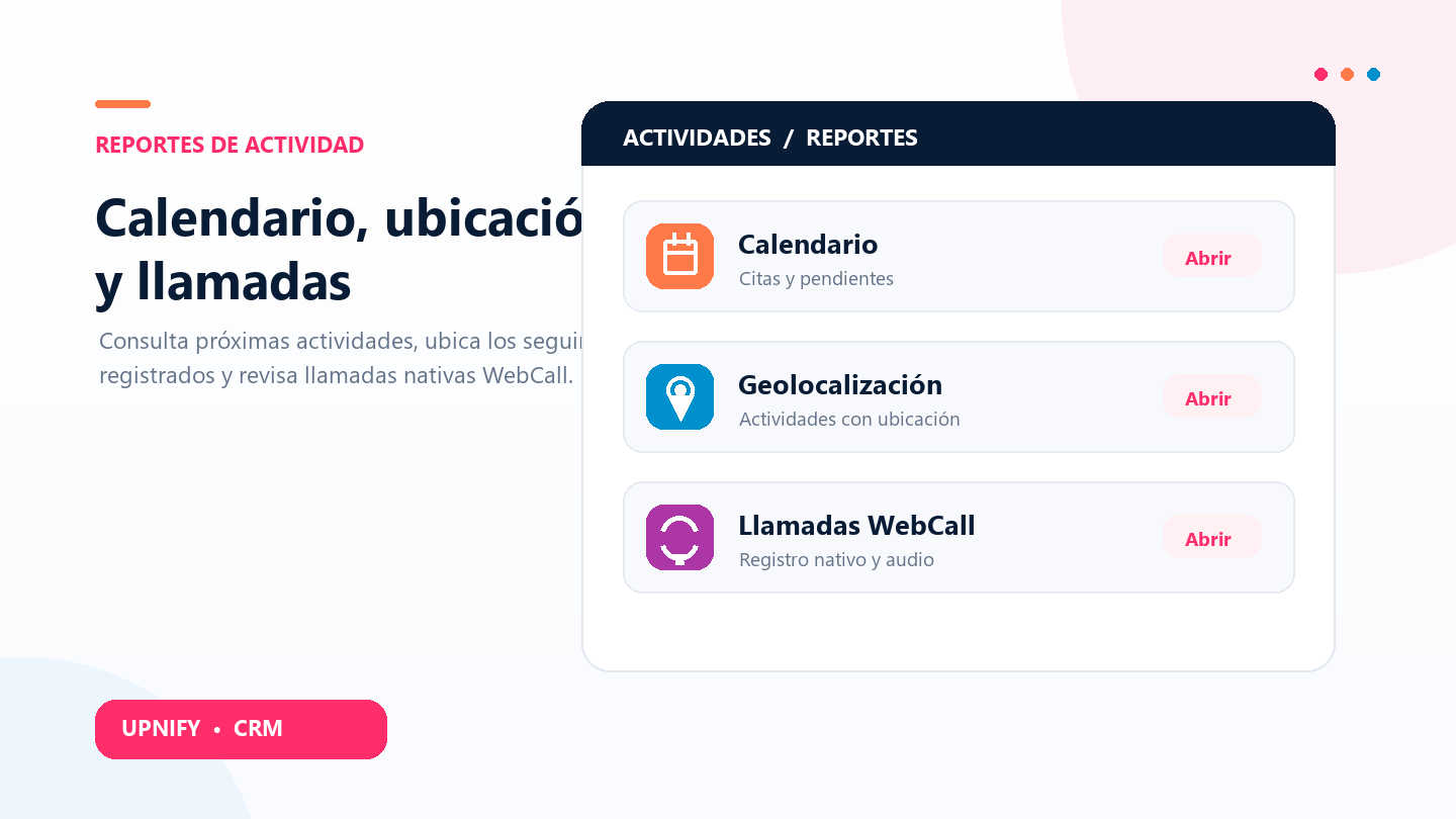 Ilustração dos relatórios de calendário, geolocalização e ligações do CRM.