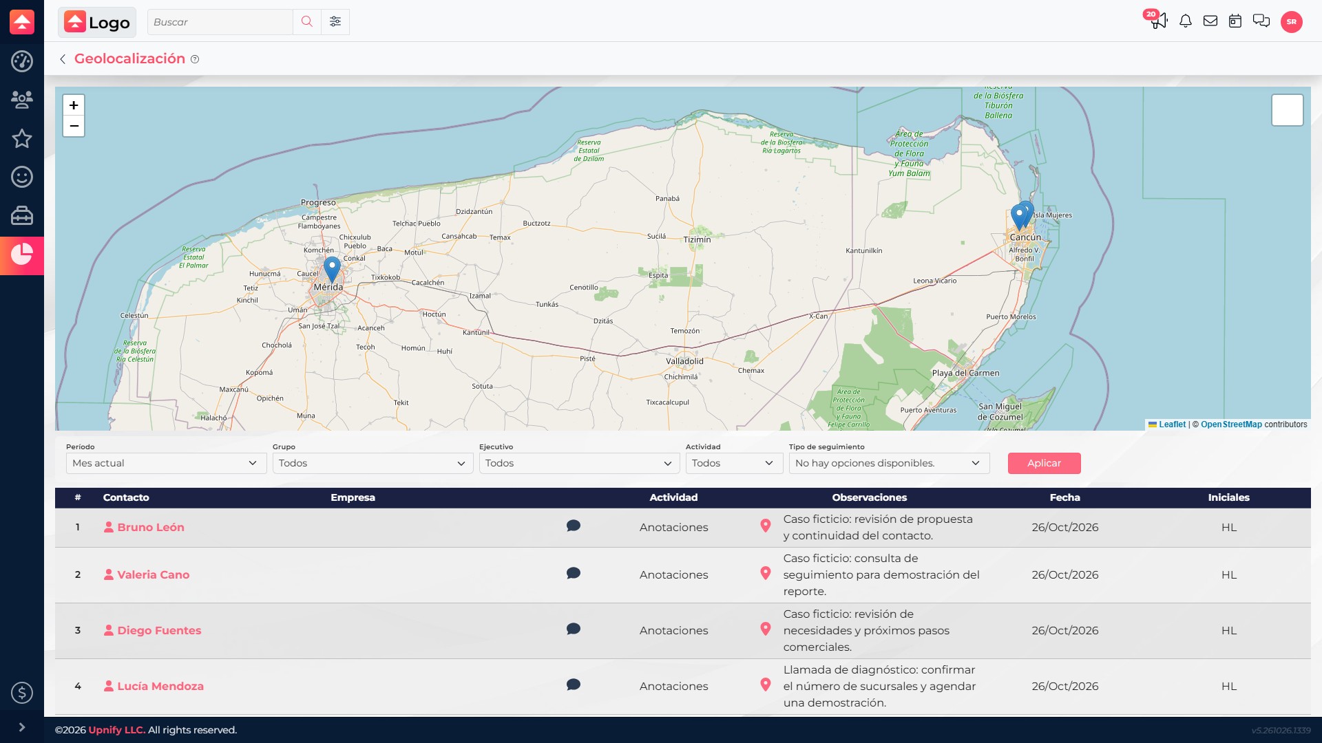 Relatório de Geolocalização com marcadores em Mérida e Cancún e quatro atividades na tabela inferior.