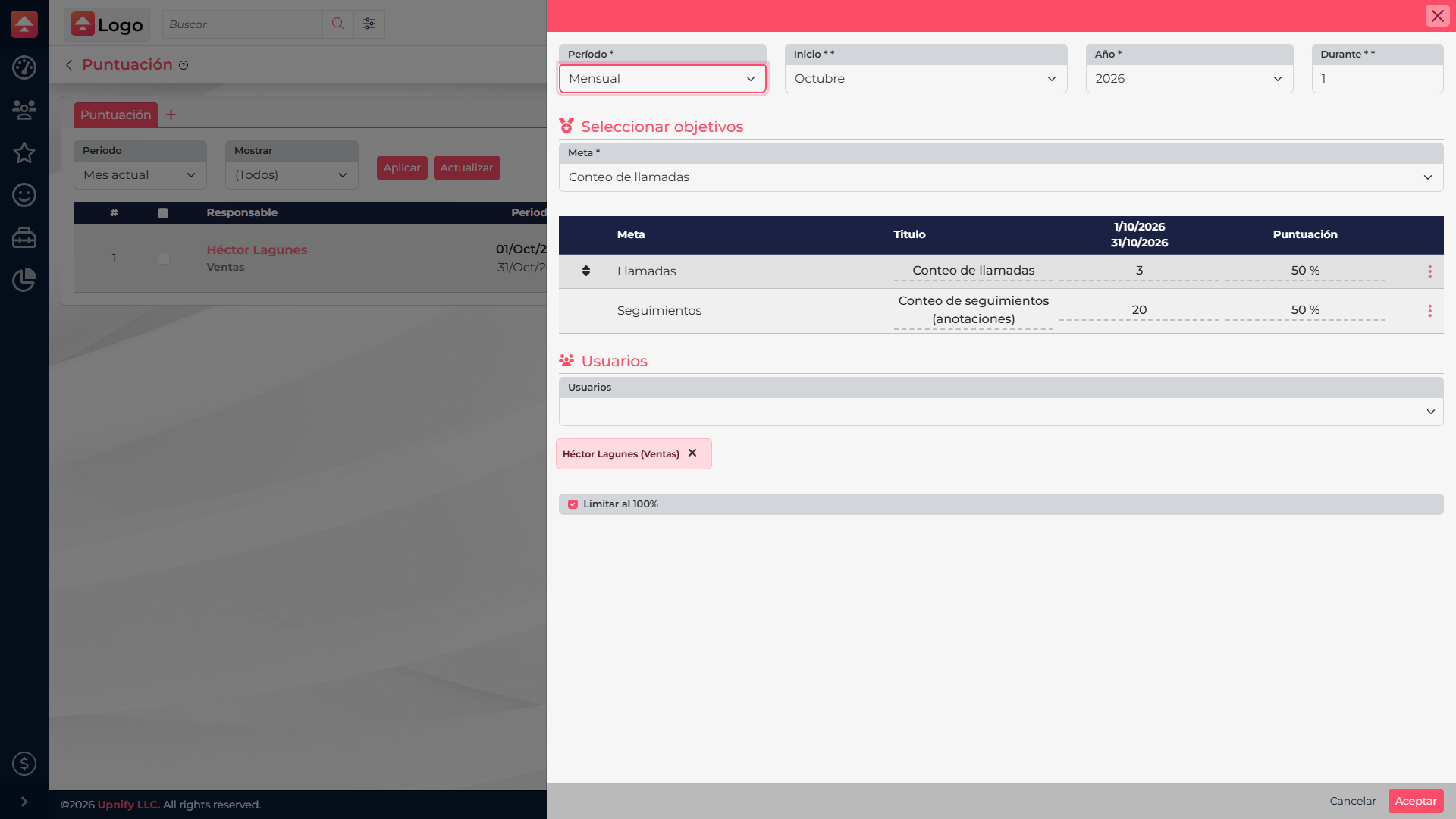 Formulário real de configuração de scorecard no CRM com período mensal, metas ponderadas de chamadas e acompanhamentos, responsável e limite de 100%.