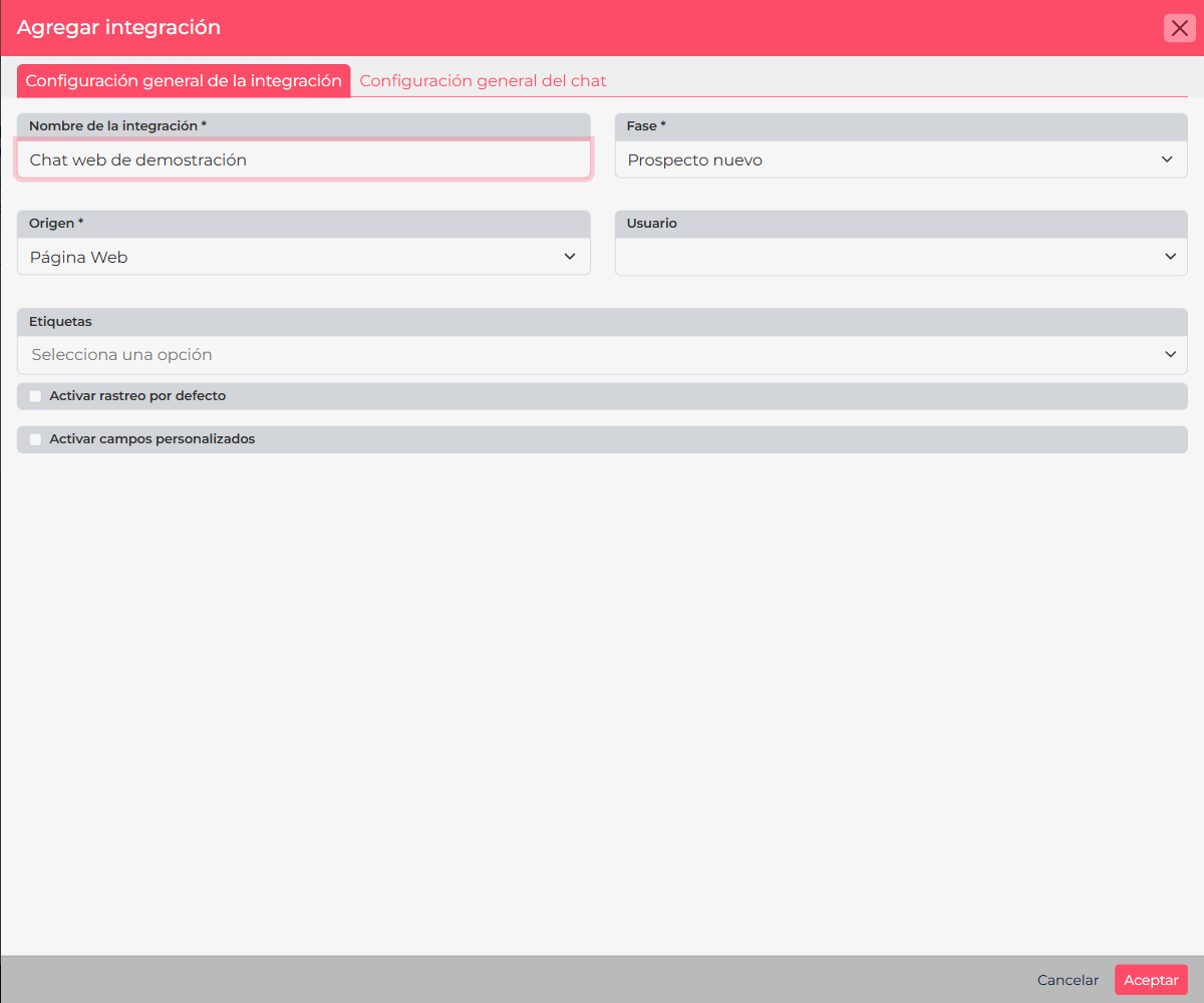 CRM chat widget general settings showing stage, source, tag, and owner.